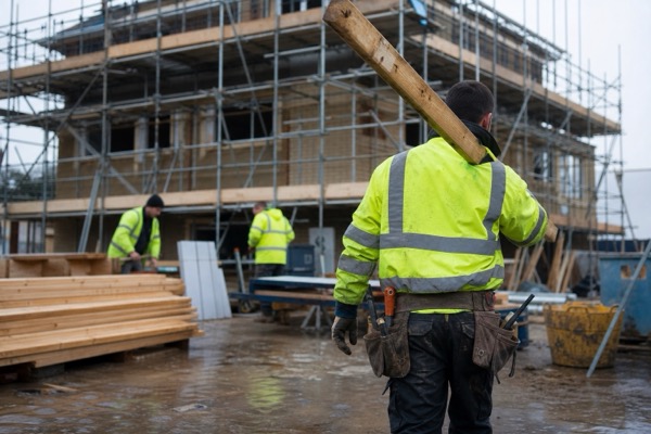 Active building site with scaffolding and materials on a damp morning